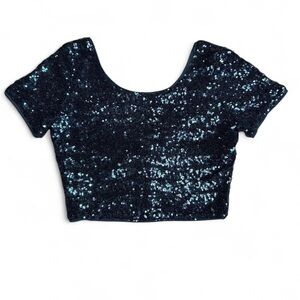 Blue Sequins Short Sleeve Cropped Top Size Small